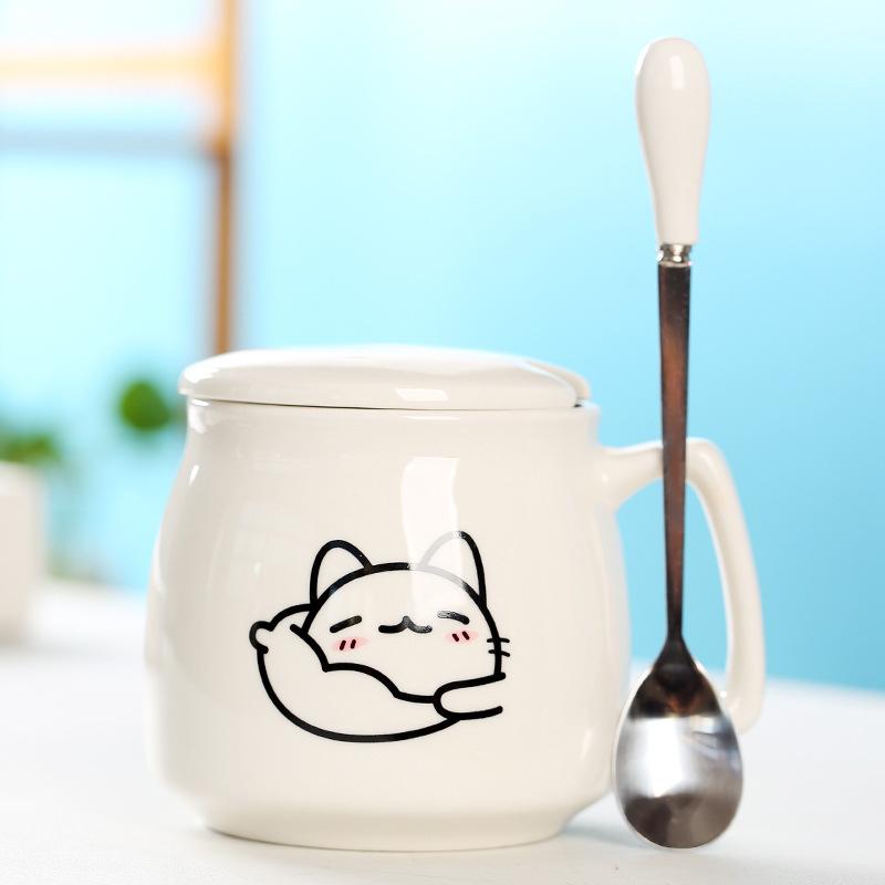 Creative Ceramic Cup With Lid And Spoon Milk Cup Day Breakfast Cup Coffee Cup Customization