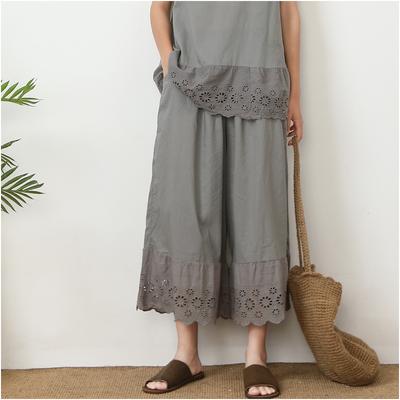 Lässige Hose mit weitem Bein Sommer Gerade Bein Locker Bestickt Ausgeschnitten Damen Hose
