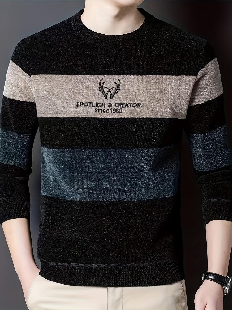 Color Block Knitted Sweater, Men's Casual Warm Mid Stretch Crew Neck Pullover Sweater for Men Fall Winter