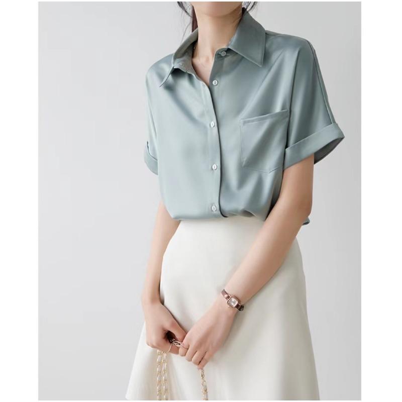 

Летняя простая серо-синяя атласная рубашка с коротким рукавом, женская профессиональная блузка с белым воротником для интервью XL светло-зеленый