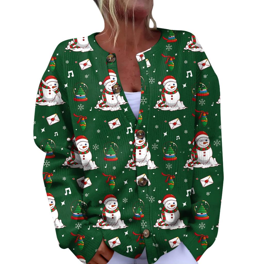 Women's Fashion Christmas Printed Long Sleeve Knitted Cardigan Button Down Jacket
