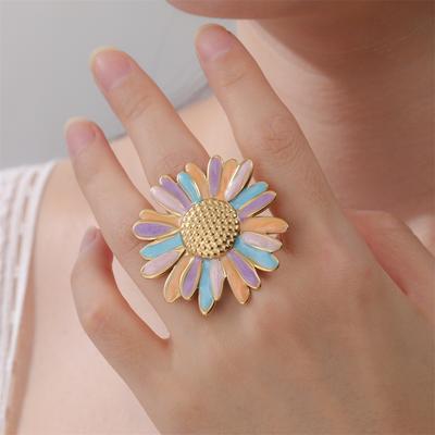  Colorful Flower Rings for Women Girl Stainless Steel Plant Sunflower Adjustable Rings Fashion Wedding Jewelry Gift