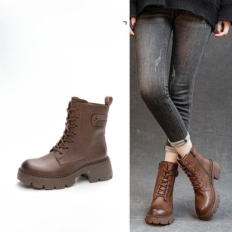 Scarpe Autunnali Stivali da Donna a Metà Polpaccio con Suola Spessa e Punta Rotonda con Tacco Chunky Retro e Versatili