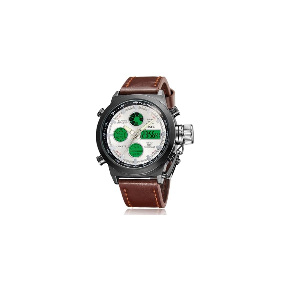 Men s Tactical Digital Watch Dual Display LED Luminous Waterproof Quartz with Leather Band Green