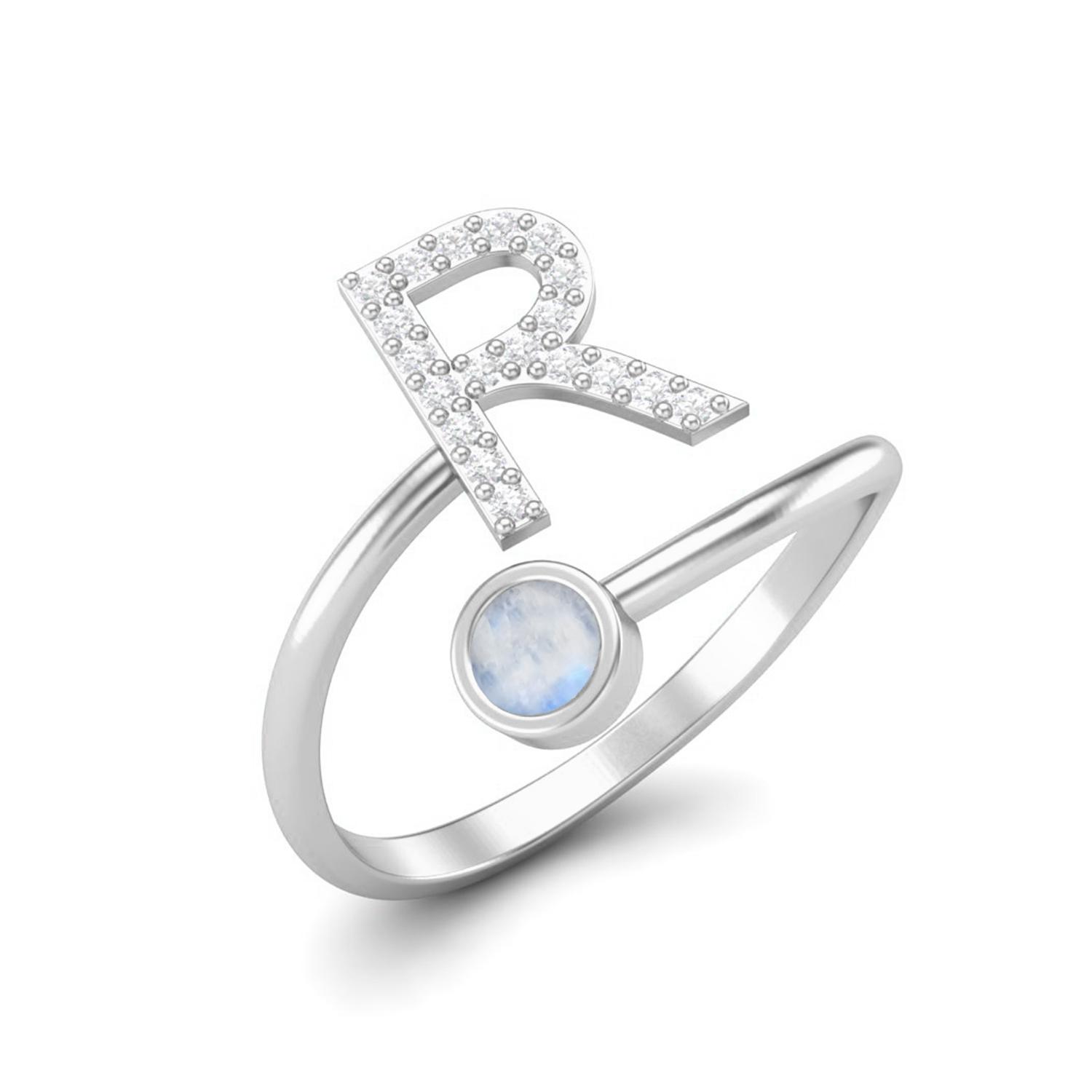 

Capital R Initial Letter Moonstone Women Adjustable Front Open Ring 925 Sterling Silver 10 Яскраво-рожевий