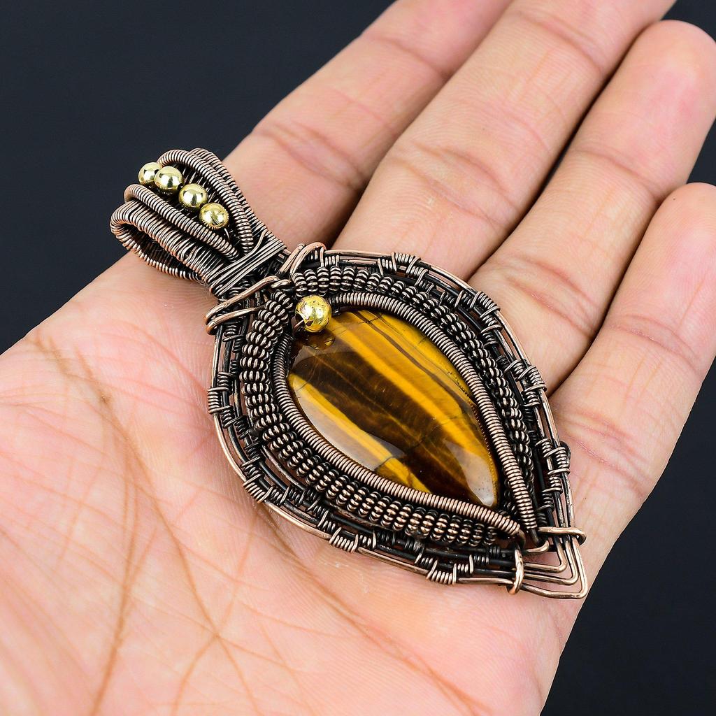 Tiger Eye Pendant, Handmade Gemstone 999 Copper Wire Wrapped Pendant Antique Jewelry, For Gift Silver Jewelry