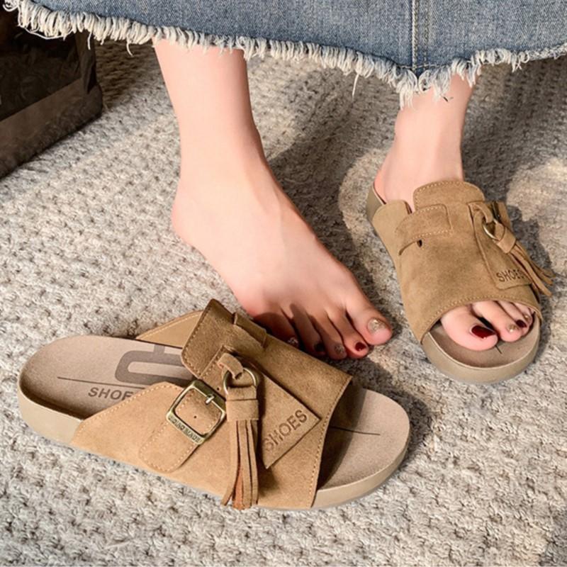 Fashion Korea Ladies 2025 Summer New Thick-Soled Retro Tassel Slip-On One-Strap Lazy Women's Outdoor Solid Soft-soled Sandals