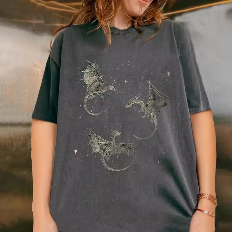 Flying Dragons T Shirt Vintage Washed Fantasy T-Shirts Book Reader Oversized Bookish T Shirts Cotton Short Sleeve Printed Tees