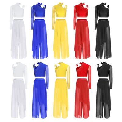 Statement Lyrical Dance Costume for Women S-XXL: Eye-Catching Asymmetrical Design with Rhinestones & Flowing Overlay Skirt