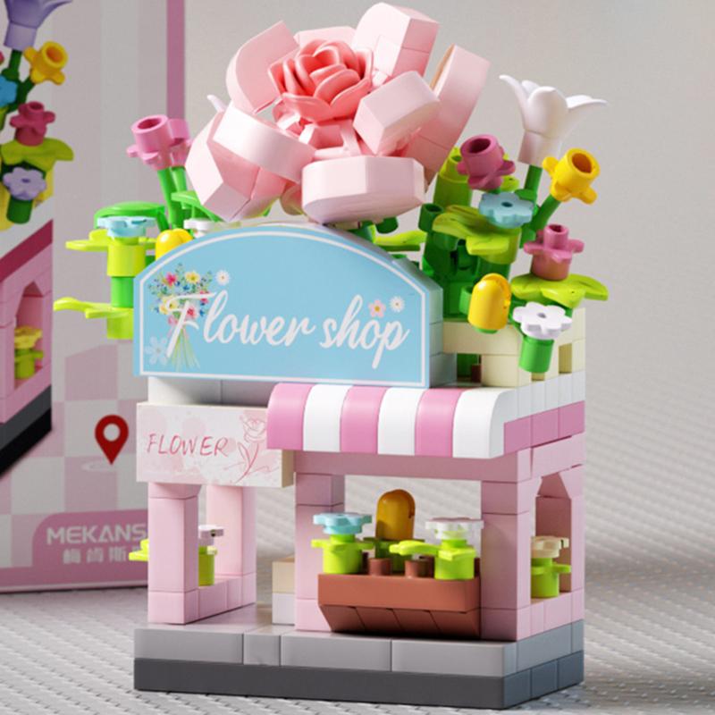 NEW DIY Hamburger Restaurant Coffee Store Flower Street View Food Building Blocks Kit Girls Bricks Movie Model Kids Toy Children