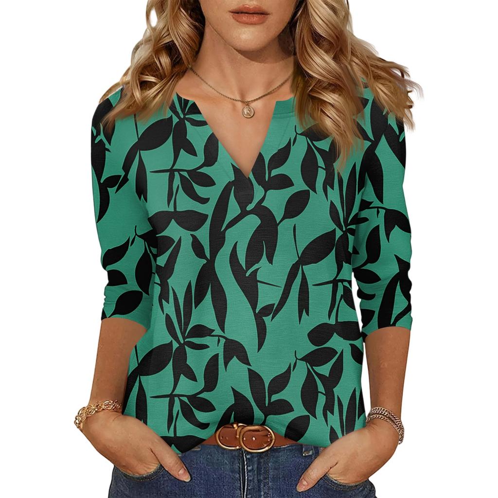 Women's Casual Fashion Sexy Comfortable V-Neck Floral Seven Sleeve Top