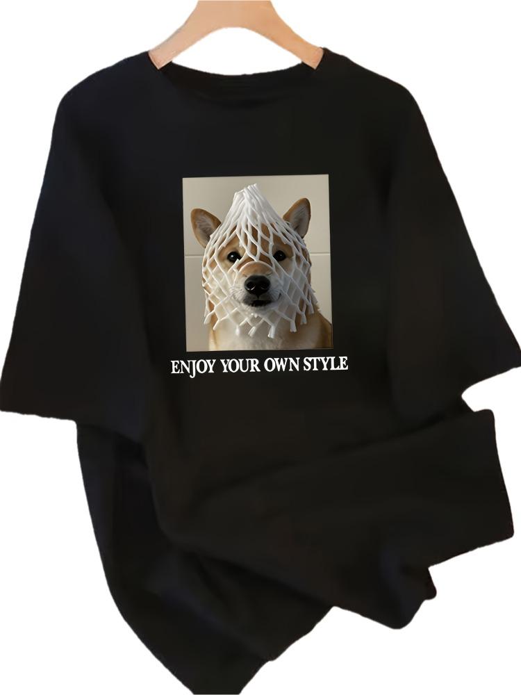 

Cute Shiba Inu Basket Print Women T-Shirt Loose-Fit Casual Top Comfortable Design for All Seasons Durable Crew Neck Shirt Y2K... S разноцветный