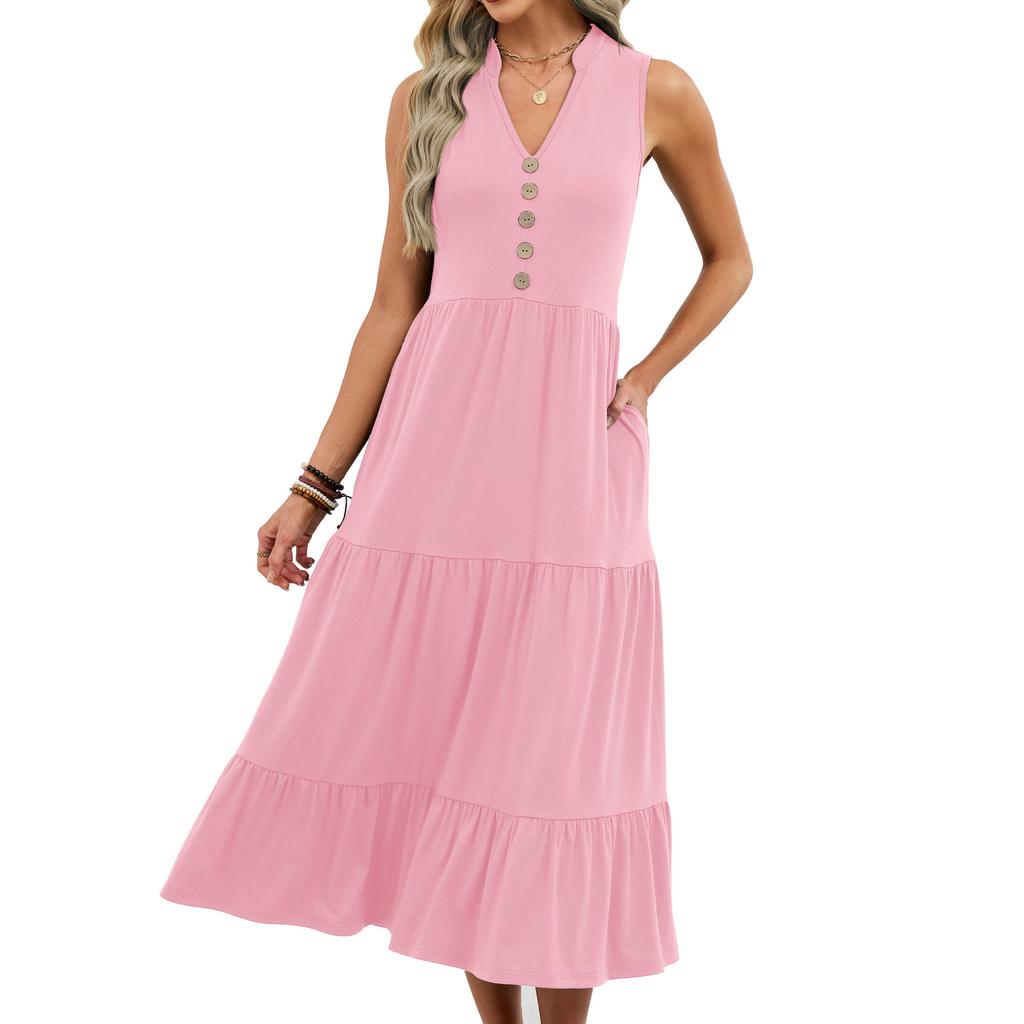 European Style Spring and Summer Solid Color V-Neck Button Casual Sleeveless Tank Maxi Dress