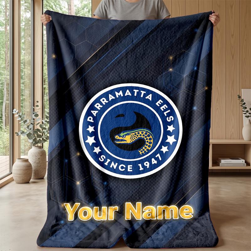 Parramatta Eels Custom Flannel Throw Blanket Print Your Name Text Soft Warm Blanket Holiday Present