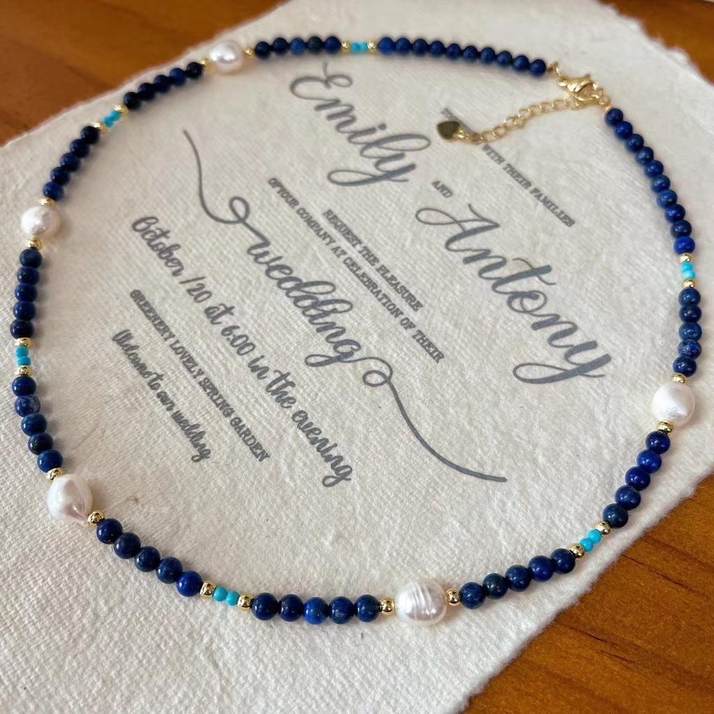 Natural Lapis Lazuli Stone Baroque Freshwater Pearl Colored Collarbone Chain French Gypsy Necklace Women'S Retro Premium