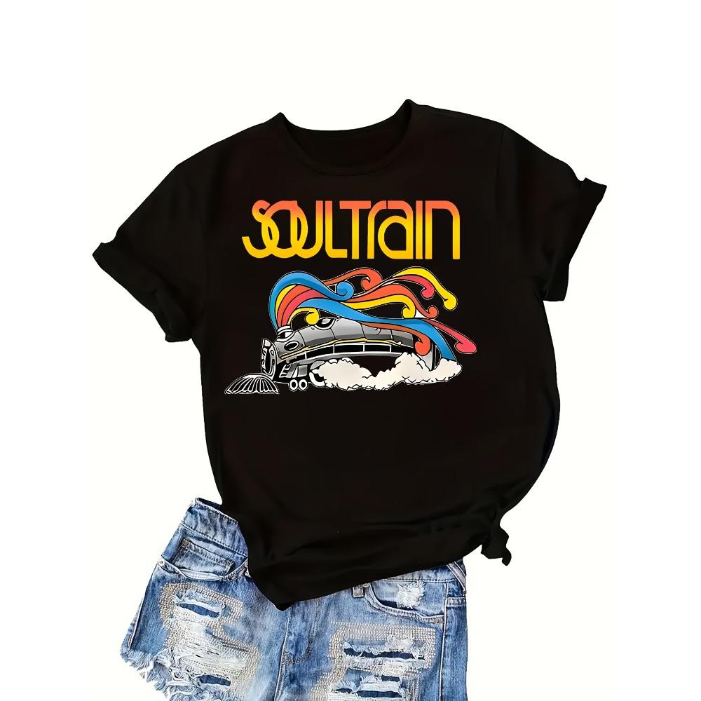 

Women Cotton Short Sleeves T-shirts Soul Train Retro Women s Tee 70s Disco Graphic Casual Black Top S