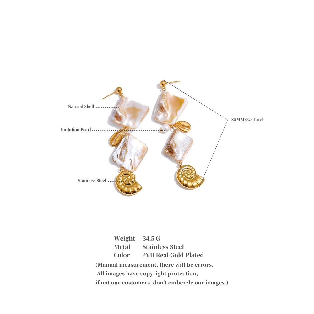 Eetit Ocean Series Square Shell Conch Drop Earrings Summer Holiday Golden Stainless Steel Jewelry Waterproof Recommend New