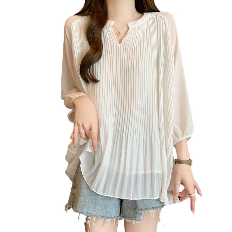 Ruffles Belly-Covering Chiffon Shirt Loose Slim Looking Short Sleeve