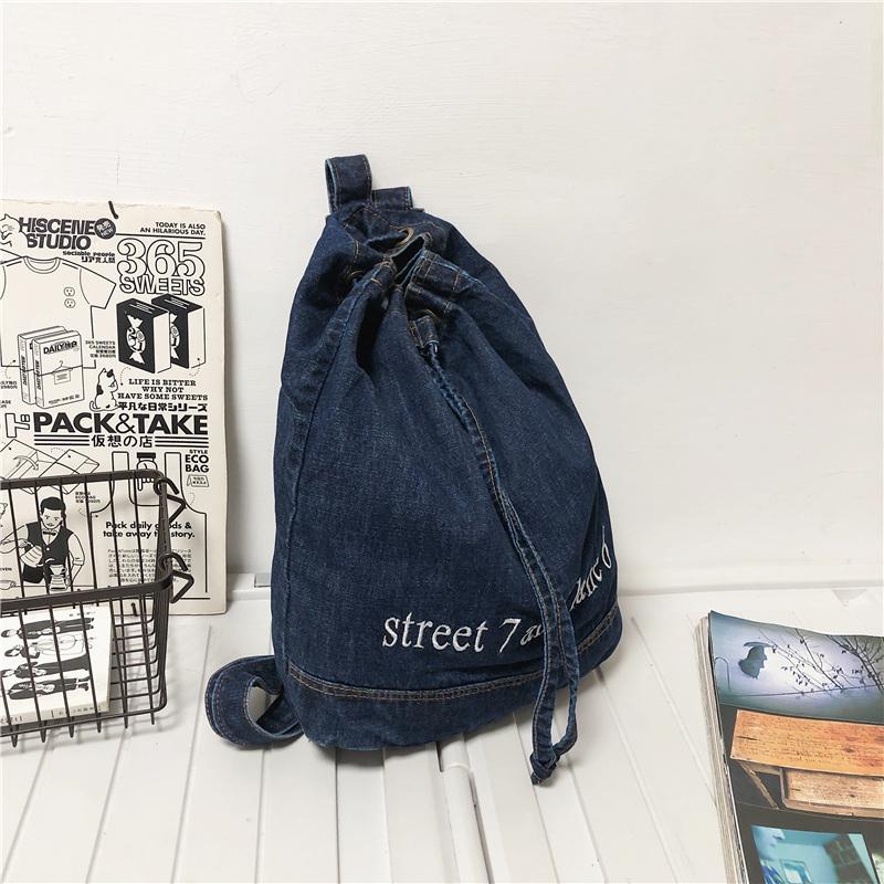 Denim Drawstring Backpack Women's Backpack Letter Embroidery Student Schoolbag
