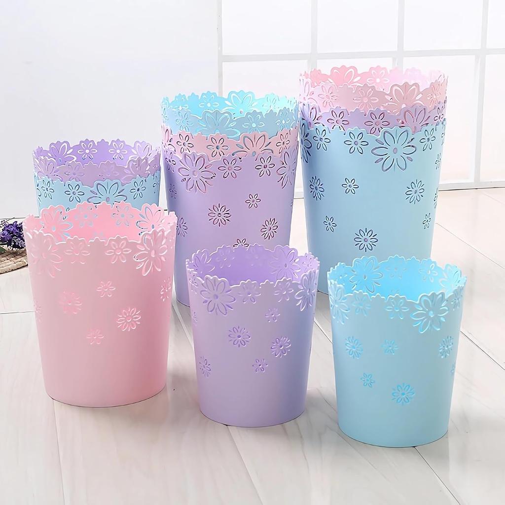 Mini Wastebasket 1.8 Gallons Small Pink Trash Can Room Decor Hollow Flower Shape Plastic Lidless Round Garbage Container Bin for Bathroom, Kitchen,