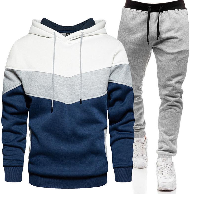 Sports Suit Men's Plus Loose Hooded Sweatshirt Sweatpants Color Blocked 2-piece Set Light Panel
