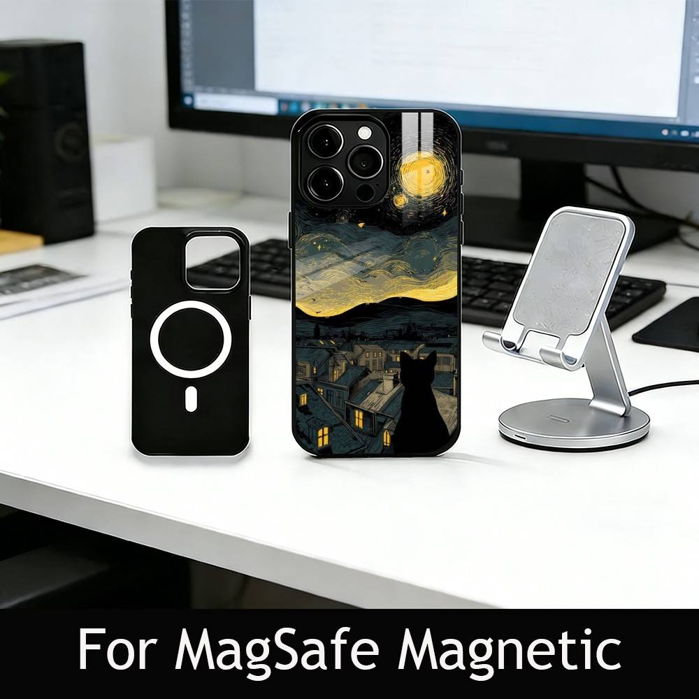 Cute Black Cat Illustration Phone Case For iPhone17,16,15,14,13,12,11 Plus,Pro Magnetic For Magsafe Wireless Charging