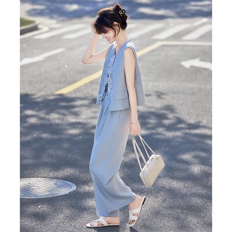 Elegant Lace Patchwork Vest & Straight Pants Set L