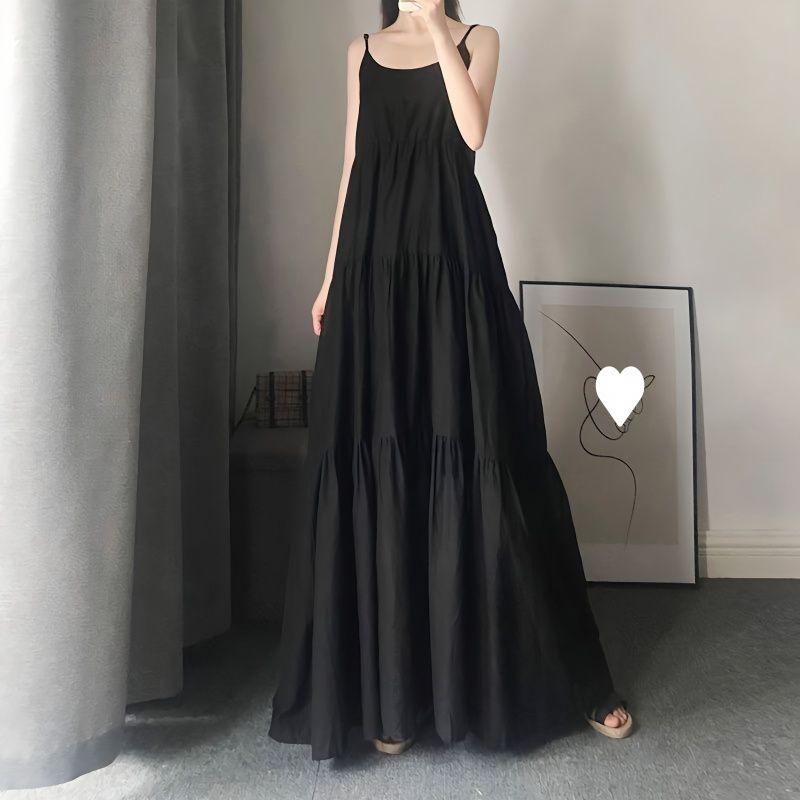 Korean Style Plus Size Spaghetti Strap Maxi Dress - Women's Slimming Summer Ankle-Length