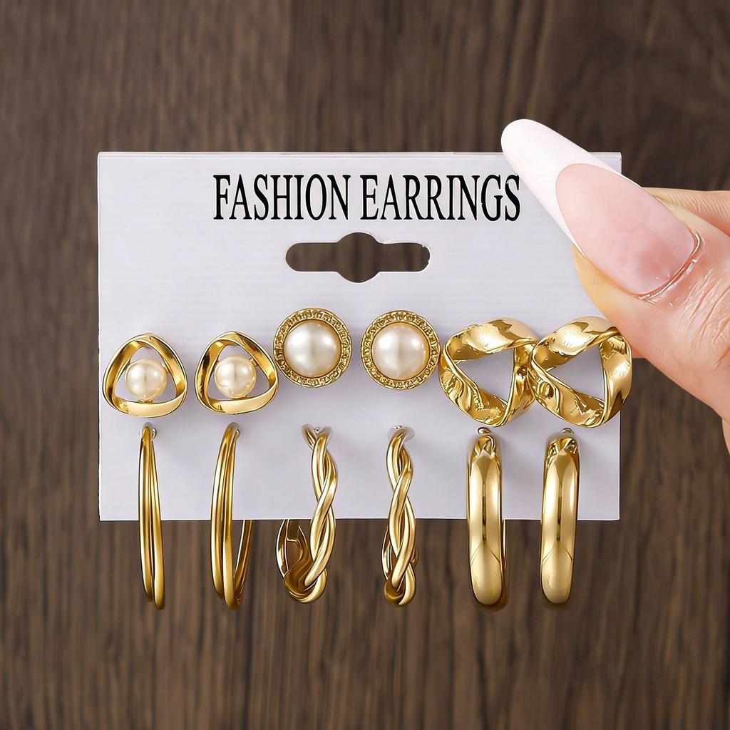 European and American style metal earrings square geometric earrings retro imitation pearl earrings Hepburn style earrings set