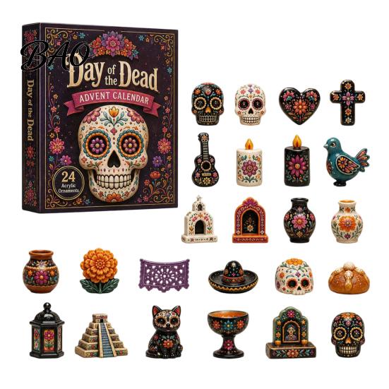Halloweenový adventní box Kalendář Dne mrtvých, 24denní sada akrylových ozdob s uměleckými svátečními motivy lebky a aksamitníku pro rozbalování, na zavěšení na stromek