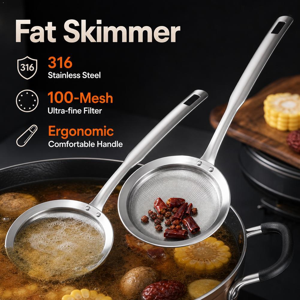 316 Stainless Steel Fat Skimmer Spoon Fine Mesh Grease Foam Removing Oil Dregs Fishing Percolator Fried Food Net Strainer