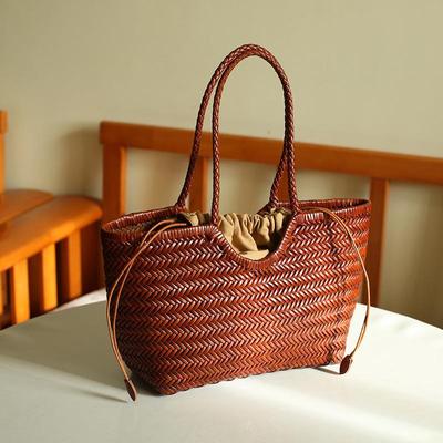 French Dragon Handmade Woven Leather Women's Tote Bag - Large Capacity, Beach Vacation Shoulder Handbag