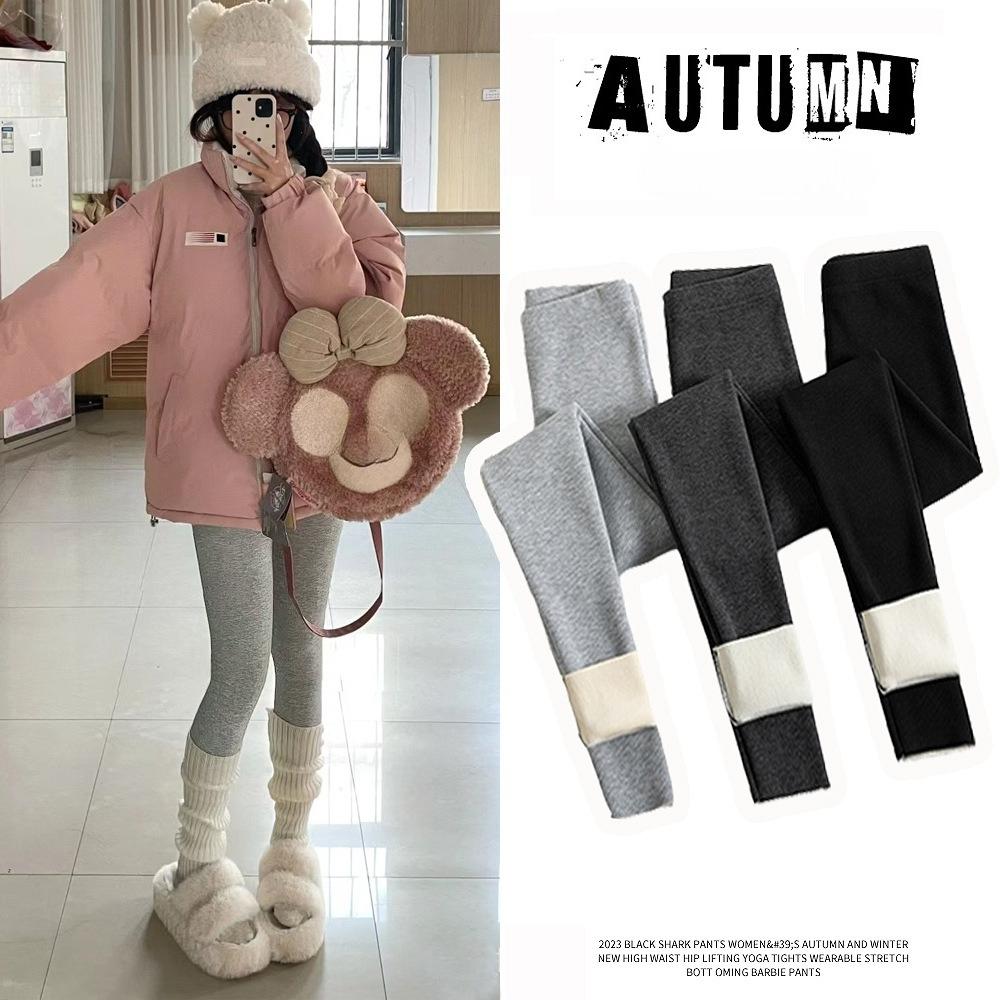 Gray Ribbed Striped Leggings Winter Outdoor Wear Thermal Underwear Women Tight Thick Warm Cotton Pants