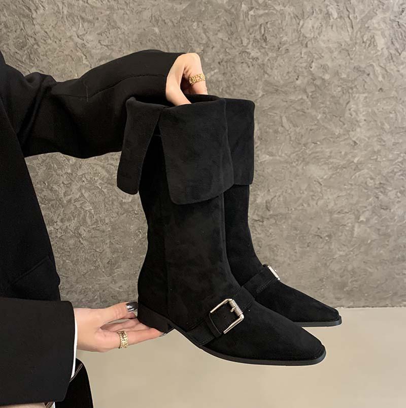 Retro Cow Flip Leather Belt Buckle Thick Heel Western Cowboy Boots Two Wear Lapel High Knight Boots Brown Boots Women