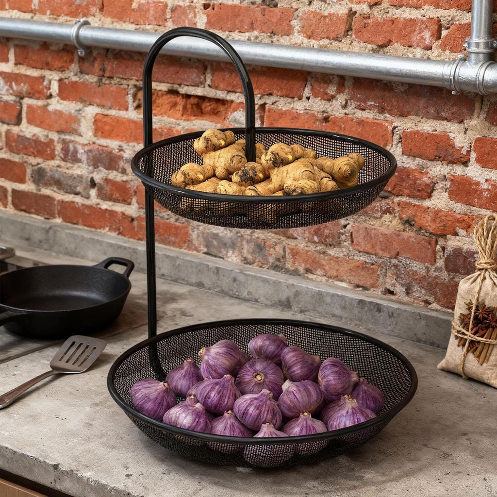 2-Tier Fruit Basket, Home Decor, Metal Wire, Non-Slip, Vegetable Mesh Bowl