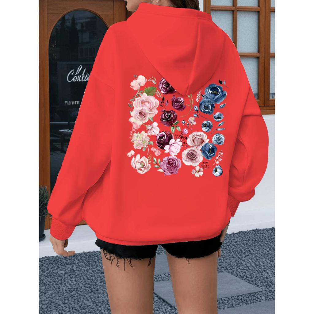 Watercolor Rose Print Women Hoody Vintage Loose Bohemia Wildflower Sweatshirt Long Sleeve Boho Plant Theme Female Hoodies