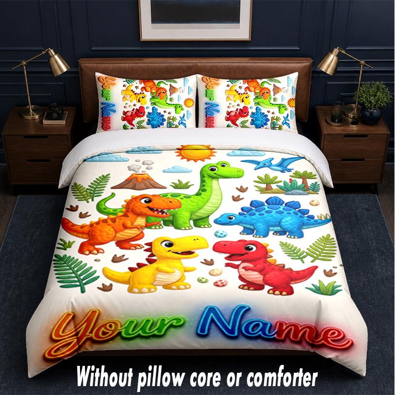 Dinosaur Theme Custom Text Or Name 3Pcs Bedding Set,1 Flat Sheet & 2 Pillowcases Personalized Home Bedding
