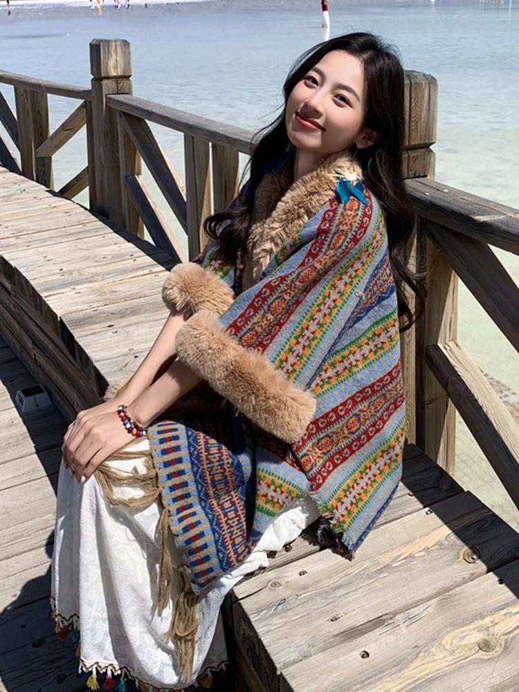 Winter Women Scarf Layers Poncho Elegant Retro Striped Print Wraps Shawl Casual Warm Hairy Scarve Capa Para Mujer Pashmina Cloak