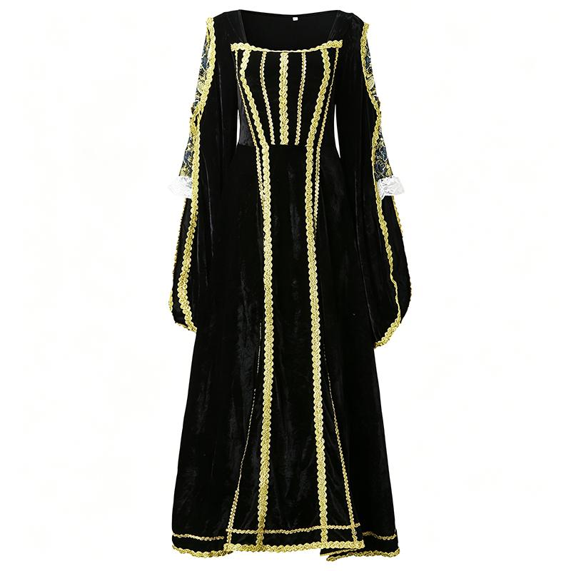 Retro Renaissance medieval queen dress, Victorian Gothic court ball dress, women s black long sleeved Halloween costume S золотистый