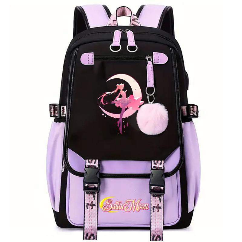 Sailor Moon Cute Anime Printed Student School Bag USB Interface Large Capacity Canvas Bag Computer Bag