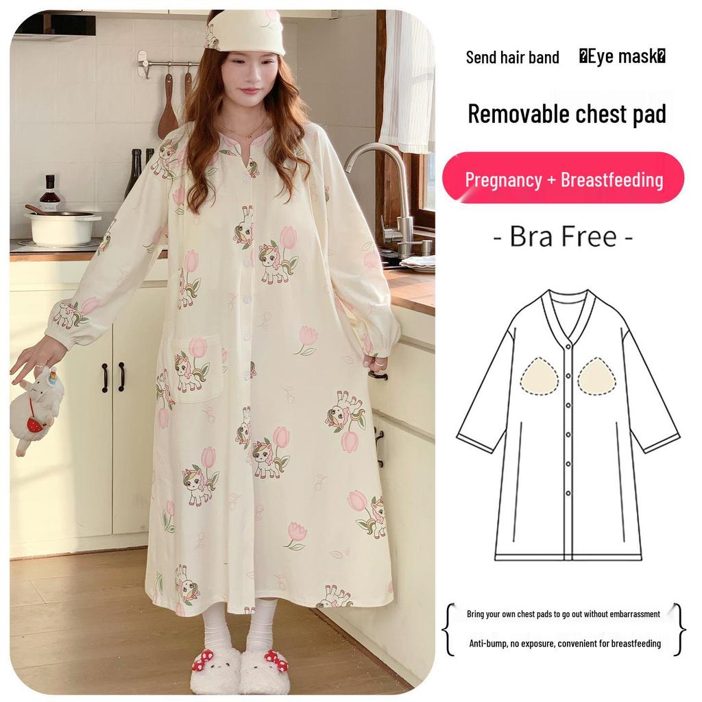 Plus Size Maternity Nightgown with Breast Pads for Postpartum, Spring, Summer, Autumn; Comfortable Labor Dress for Pregnant Women