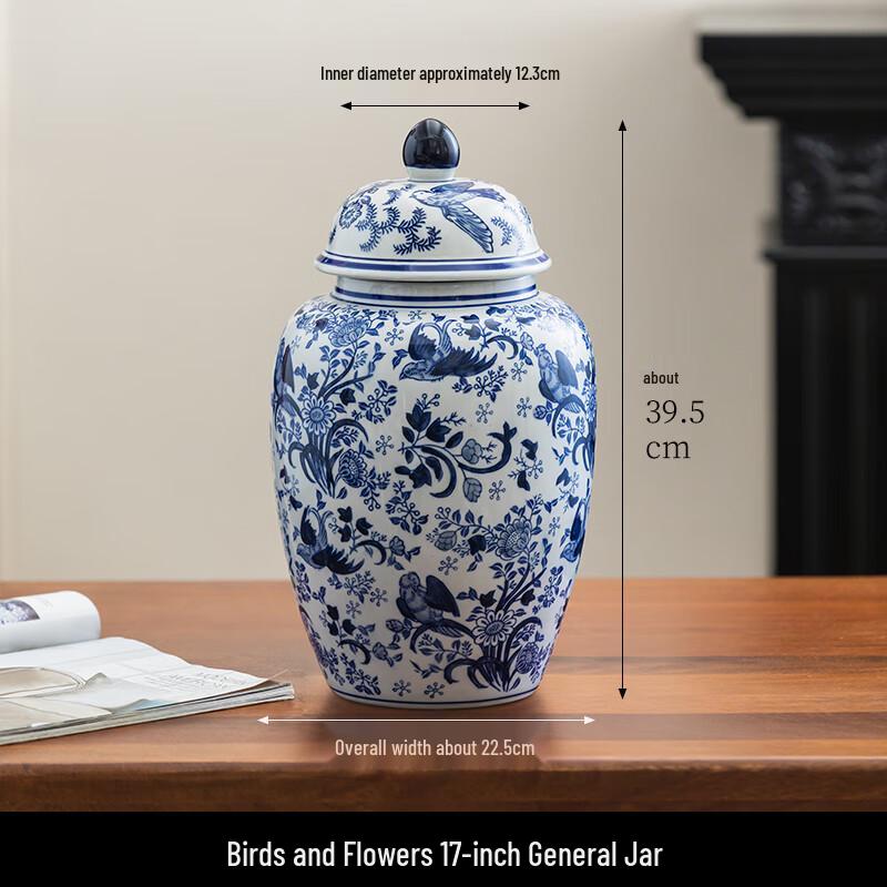 Hand-Painted Blue & White Porcelain General Jar Vase