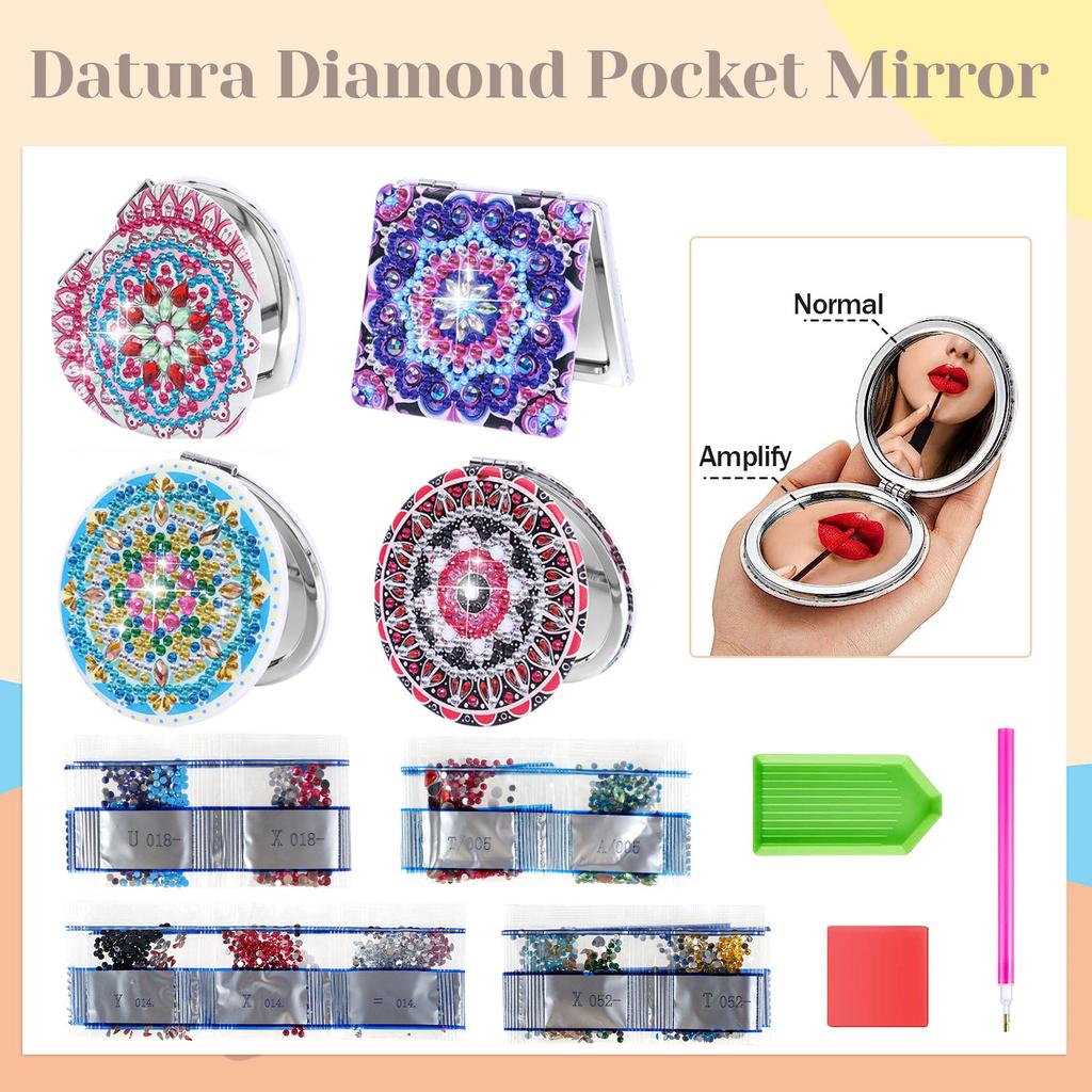 4 Pcs Portable Makeup Mirror DIY Diamond Painting Pocket Mirror Set Foldable Double-sided Makeup Mirrors for Girls Kid and Women