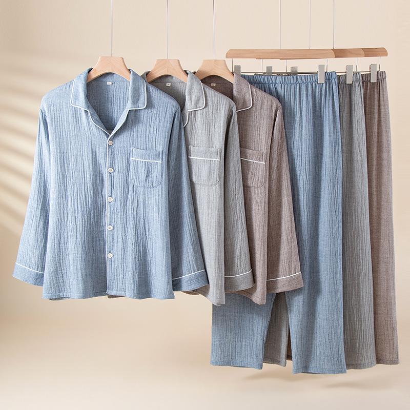 Men's Cotton Pajama Set Nightwear Long Sleeve Tops Pants Pajama Sets Soft 2 Piece Button Down Lounge Set for Men Lapel Comfortable Sleepwear