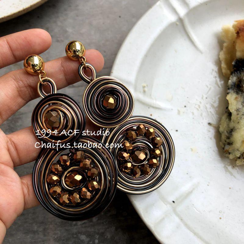 

Chai Fu Studio/R447 Fashion Geometric Hand-Wound Patchwork Ear Studs Ancient Asymmetric Full Diamond Earrings Asymmetric pair