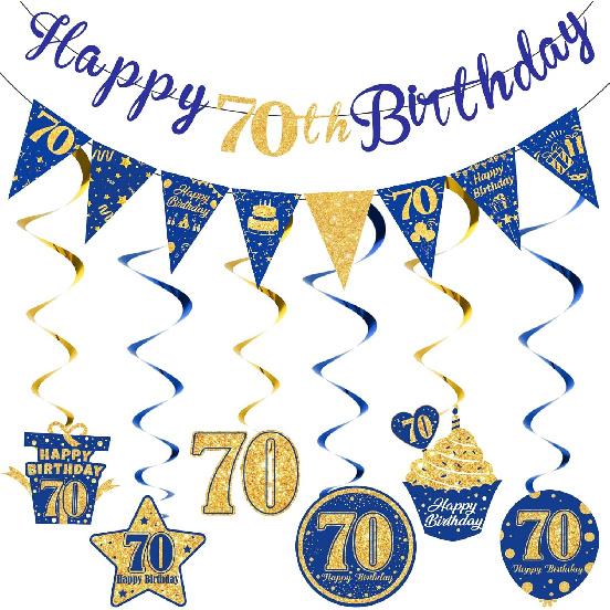 Blue Gold 70th Birthday Decorations: Banner & Swirls for Men Women s 70th Birthday Party Supplies Blue Gold 70th