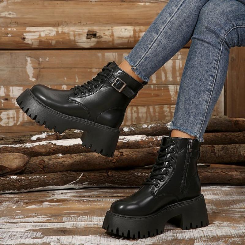 Large Size Platform Casual Short Boots for Women's Autumn and Winter New Heightening British Locomotive Short Boots Martin Boots for Women