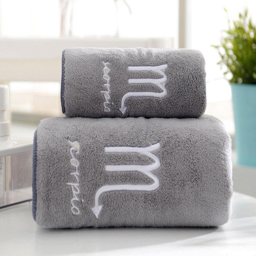 Ensemble de 2 serviettes douces 12 constellations Lettres Brodé Serviettes Visage Bain Grande Forte Absorption d'Eau pour Adulte 1pc 35x75-1pc 70x140