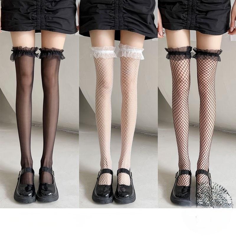 Stockings Black Ins Ripped Half Mesh Lace Long Tube Knee-high Sweet And Cute Core-spun Silk Thigh Socks