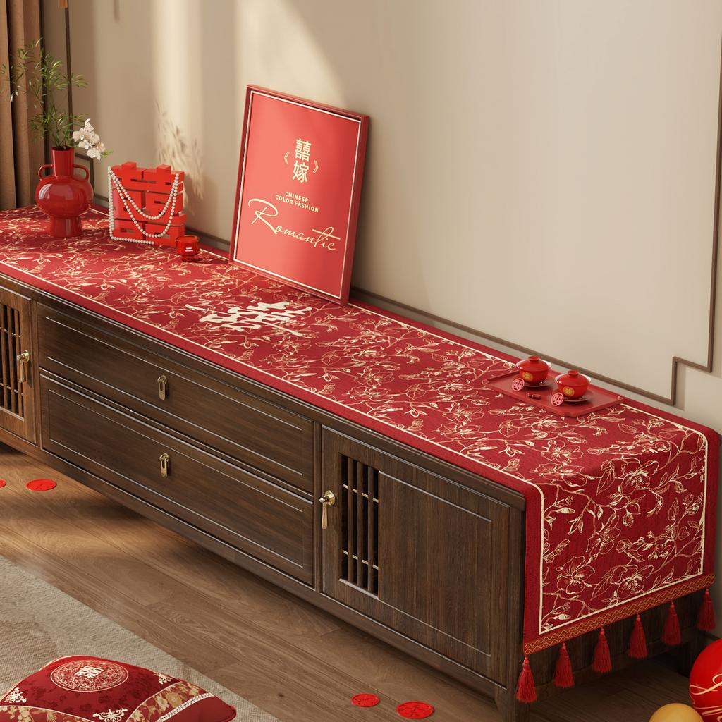 Wedding Tv Cabinet Tablecloth Light Luxury High-End Red Side Cabinet Long Strip Cover Festive Coffee Table Decorative Cloth